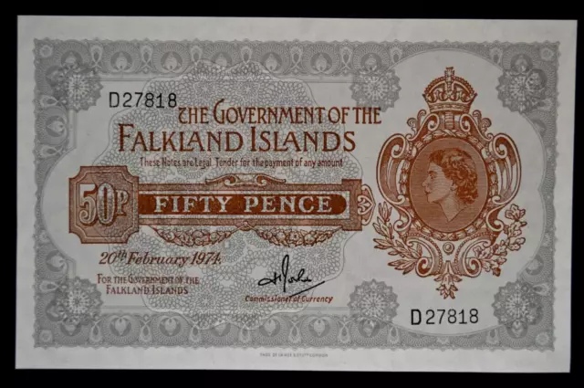 FALKLAND ISLANDS, ELIZABETH II, FEBRUARY 1974, UNC 50 PENCE BANKNOTE.        Y1e