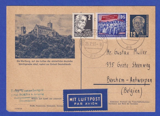 DDR 1953 Bildpostkarte P47/07 mit ZF per Luftpost gel. von Berlin nach Belgien