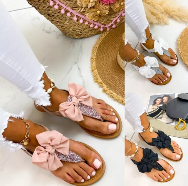 Ladies Sandals Flat Summer Bow Womens Glitter Slingback Buckle Toe Post Big Size