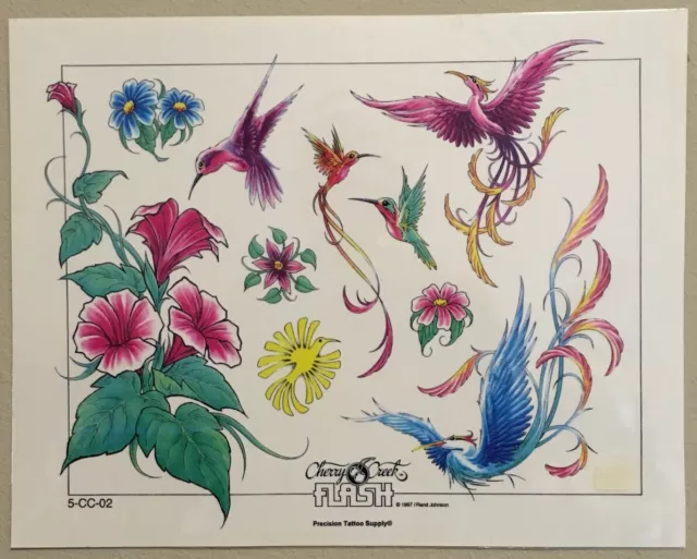 Tattoo Flash Single Sheet Print Hummingbird Phoenix Flowers Bird  11” X 14”