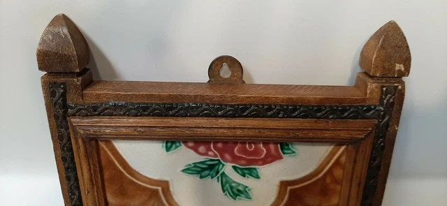 Victorian tile wood dog leash coat hat hooks holder rose flower antique 6