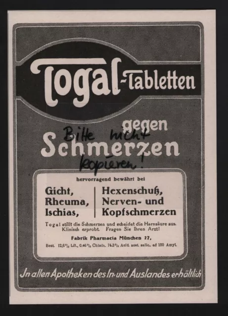 MÜNCHEN, Werbung 1925, Fabrik Pharmacia Togal-Tabletten