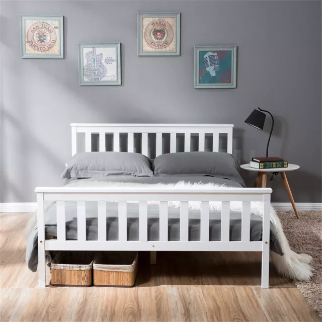 4FT6 Wooden Bed Frame Solid Pine Wood Double Size Bed Shaker Style For Kid White