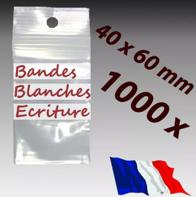 LOT 1000 sachets zip 40x60 plastique zip 3 bandes blanches d'écriture 4x6 50µ f