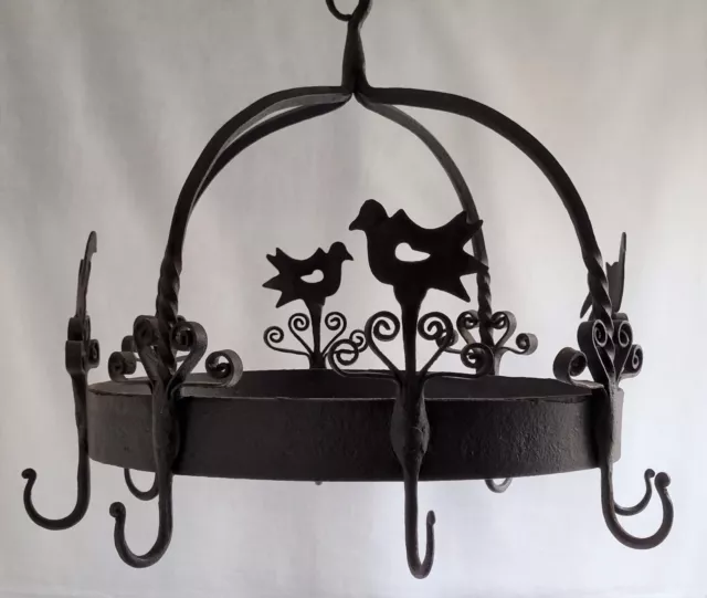 Antique Hand Made Wrought Iron Hanging Pot Rack Pan Organiser Birds Curlie Cues