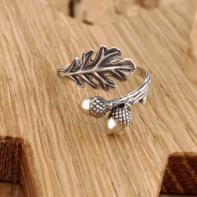 Oak Leaf Acorn Ring Adjustable Sterling Silver Autumn Fall Nature Pagan Wiccan