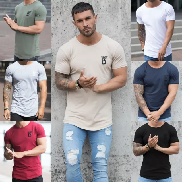 BBH Designer Mens Slim Fit Muscle T Shirt Gym Fitness Plain Curved Hem Tee Top