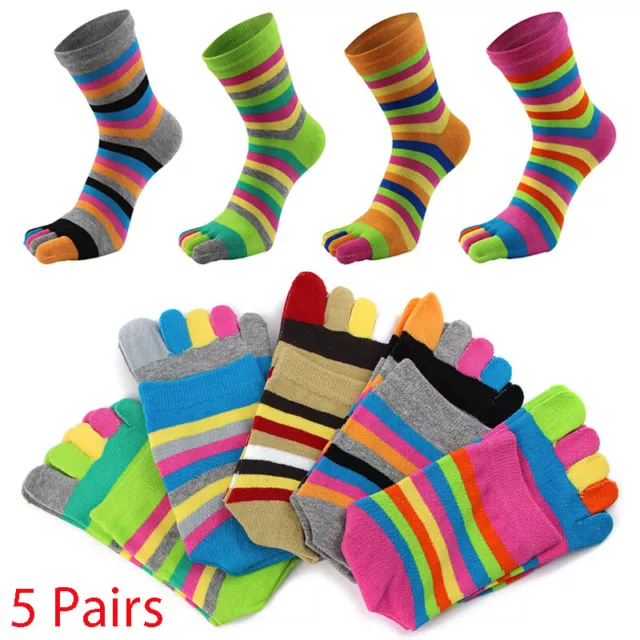 5 Paar Damen Baumwolle Gestreift Fünf Finger Zehen Socken Bunt Streifen Warm ♢