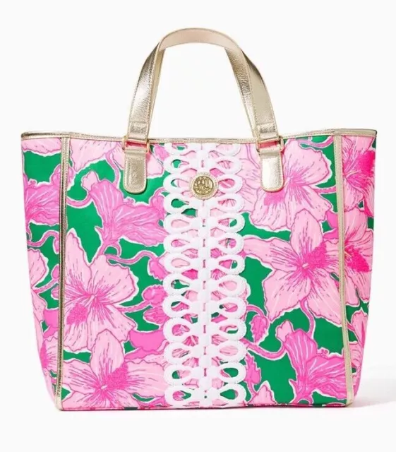 NIP Lilly Pulitzer GWP Tote Bag Kelly Green Hibis Kiss Embroidered Bag 014088