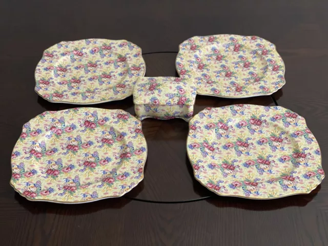 Set Of 4 Royal Winton Grimwades "Welbeck" Chintz Dinner Plates With Candy Box