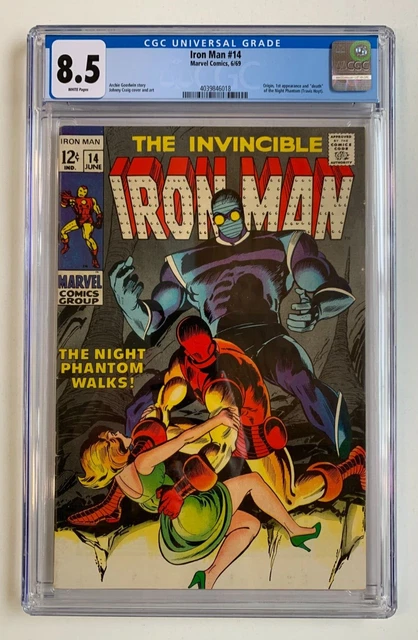 Invincible IRON MAN #14, CGC 8.5 White pgs, origin, 1st & death of Night Phantom