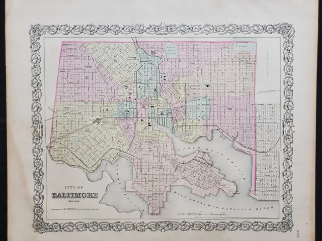 1855 Colton Map - Baltimore City Plan Shows Landmarks - 100% Genuine Antique