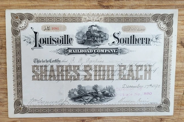 Stock Certificate Louisville Southern Railroad Company 1890