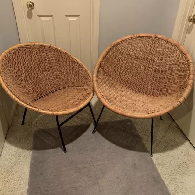 Vintage Mid Century Modern PAIR Wicker Rattan Iron Hoop Saucer Chairs