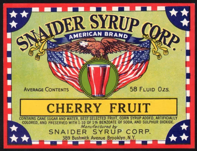 Vintage soda pop bottle label SNAIDER SYRUP CHERRY FRUIT eagle pic Brooklyn NY