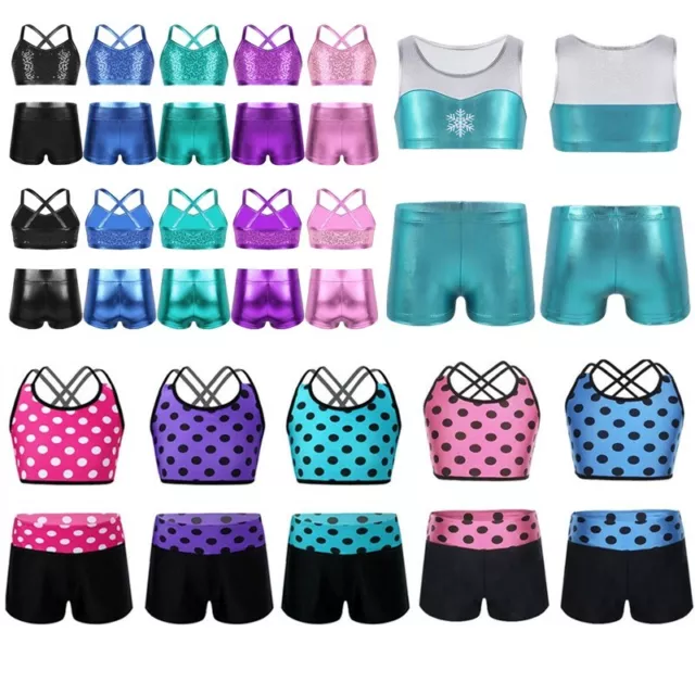 Kids Girls Tankini Outfit Sports Top+Shorts Dance Gym Ballet Workout Clothes