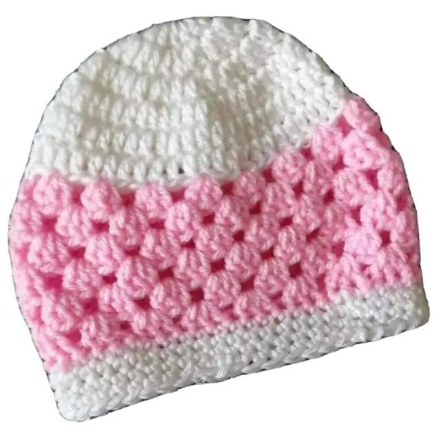 New Handmade Crochet Baby Girl White/Pink Beenie Hat 3 to 5 Mths. L@@K!