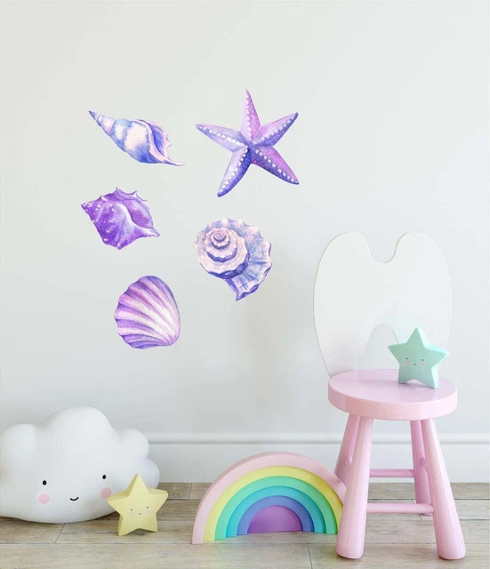 Watercolor Purple Seashells & Starfish Set Wall Decal Set Fabric Vinyl Stickers