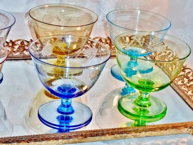 Magnificent Art Deco Harlequin  Etched  Crystal Set Of 6  Dessert / Entrée Foot 3