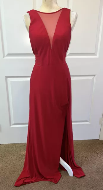 RED LONG BALL Gown Holiday NYE Leg Slit Morgan & Co Size 12 Sheer Panels  $29.99 - PicClick
