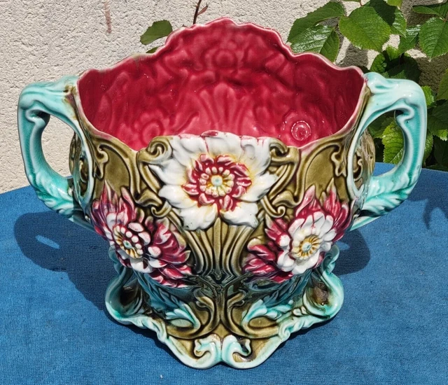 Ancien magnifique cache pot barbotine craquelé motif grappe de raisin vigne Déco
