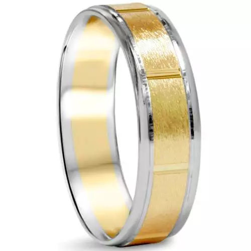 Mens 6mm Brushed 14K White & Yellow Gold Two Tone Wedding Band Ring Solid 14K