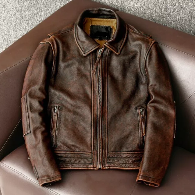 Men's Motorcycle Vintage Cafe Racer Distressed Brown Biker Real Leather Jacket