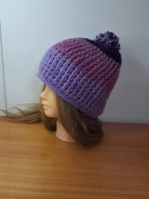 Bonnet Femme Hiver Avec Pompon - 100% Laine Du Népal - Tricoté Main - Thermique - Taille Unique Violet