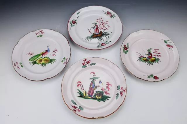 Lot of 4 French St Clement Faience Plates with Chinoiserie Figures Peacock