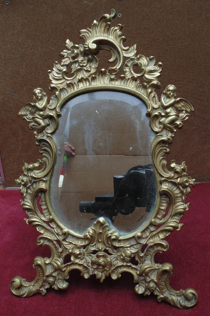 rare magnifique ancien grand miroir a posé ou accroché en bronze ange rocaille