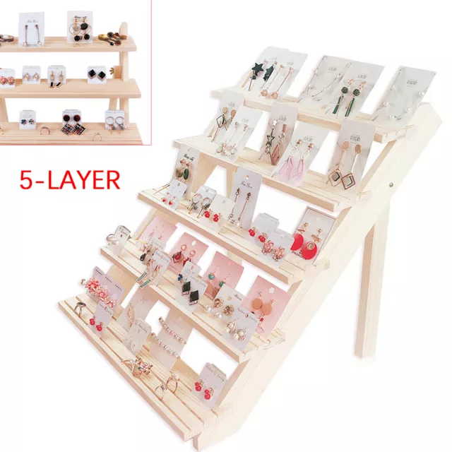 Wood Tiered Retail Jewelry Showcase Rack Earrings Display Stand Wooden Rack USA