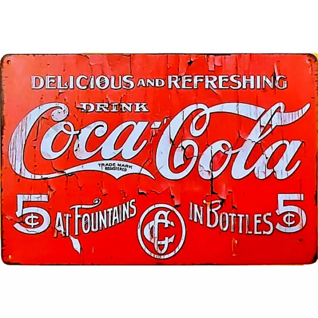 Vintage Coca Cola 5 Cents Distressed Metal Sign, 12" x 8" Classic Soda Tin Sign