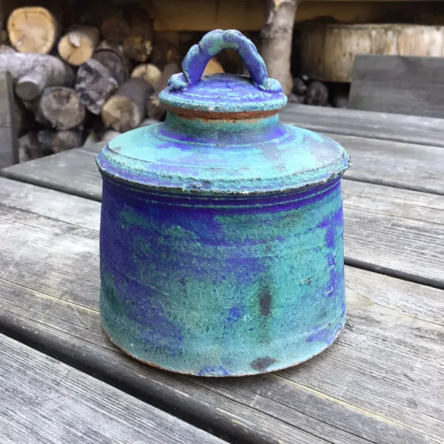 Kleine zeitgenössische Studio Keramik blau abgedecktes Glas Topf Urnenmacher Markierung bis Basis 2