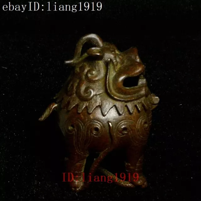 Old Chinese Buddhism bronze Unicorn Pi Xiu Smoked Incense Burner Censer H 5.5 CM 2