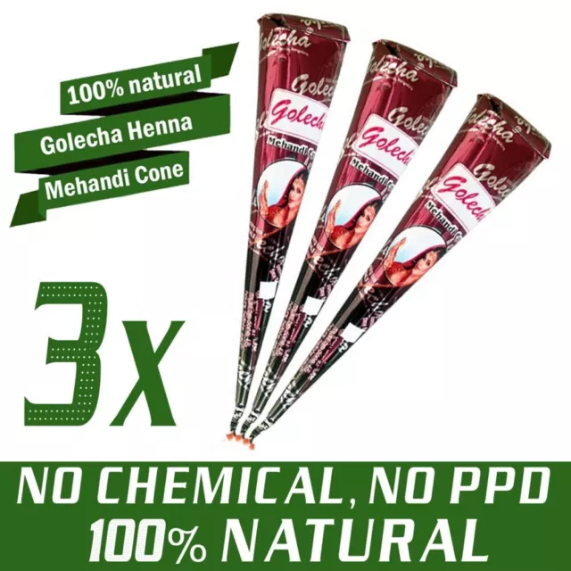 3 Stück - 100% Natural Golecha Henna Tattoo Paste Kegel Cones, Rotbraun (75g)