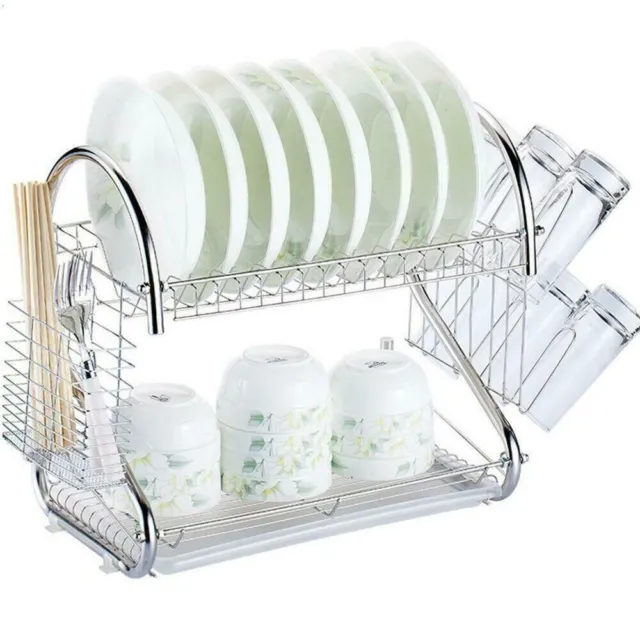 Kitchen Dish Cup Drying Rack Holder Sink Drainer 2-Tier Dryer Stainless Steel