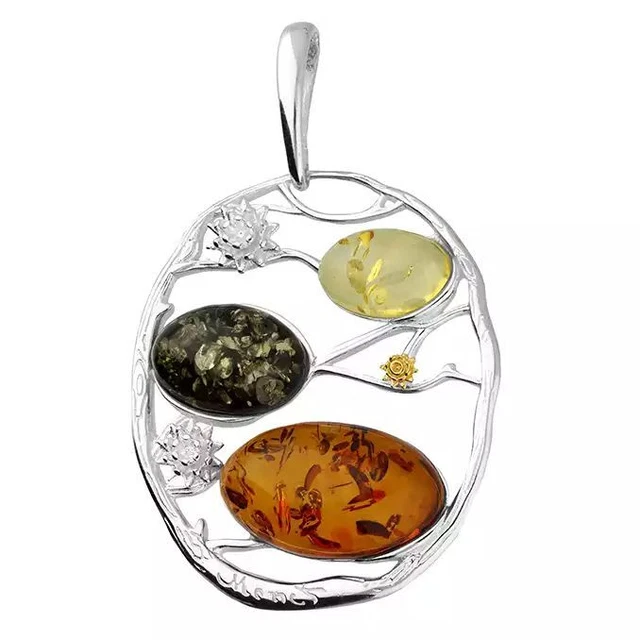 Pendentif Art Nouveau En Argent Massif Avec Ambre - Bijou Vintage Magnifique