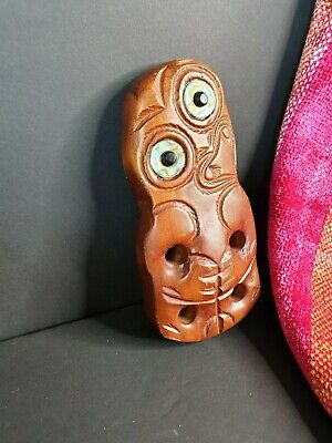 Old New Zealand Carved Wooden Maori Tiki with Paua Shell Eyes …beautiful collect 3