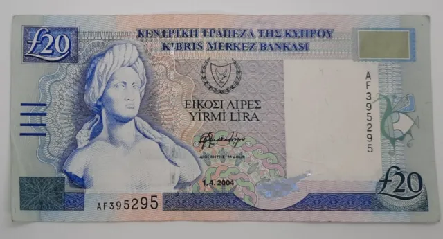 2004 - Central Bank Of Cyprus - £20 (Twenty) Lira /Pounds Banknote No. AF 395295