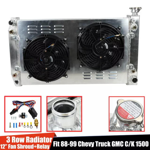 Radiator 3Row+Shroud Fan Kit For 88-99 Chevy Truck GMC C/K C1500 C2500 C3500 622