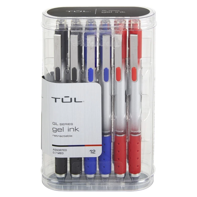 TUL Retractable Gel Pens, Medium, 0.7 mm, Silver, Assorted Business Ink, 12-Pack