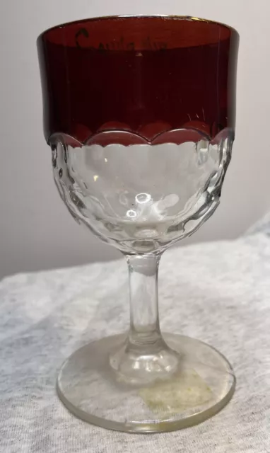 Vintage Ruby Red & Clear Cut Glass Goblet-Souvenir Paysan  Illinois