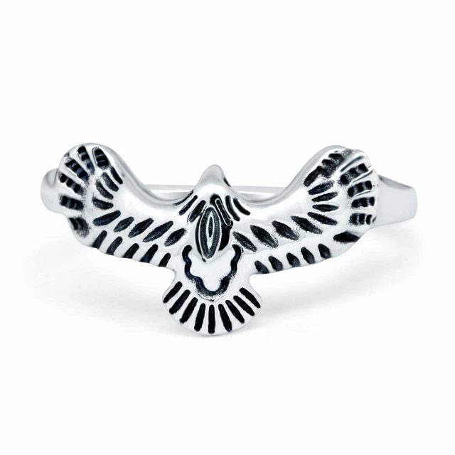 Vintage Flying Eagle Plain Ring Band Oxidized 925 Sterling Silver