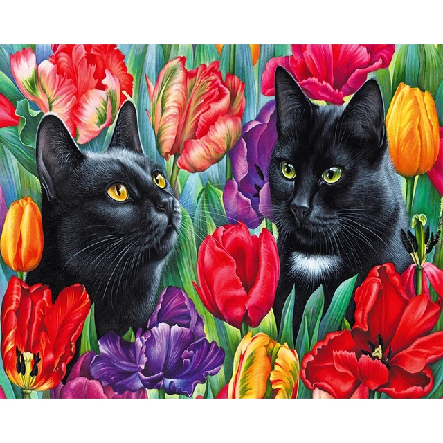 Black Cat in Flowers Oil Painting Adorable Eco-friendly for Home Room Decoration