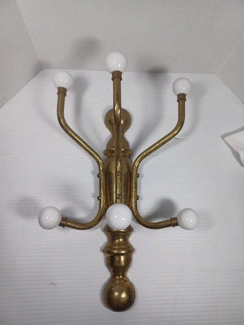Vintage Brass 3 Arm 6 White Knobs Coat Hat Hooks Towel Rack Wall Mounted MCM