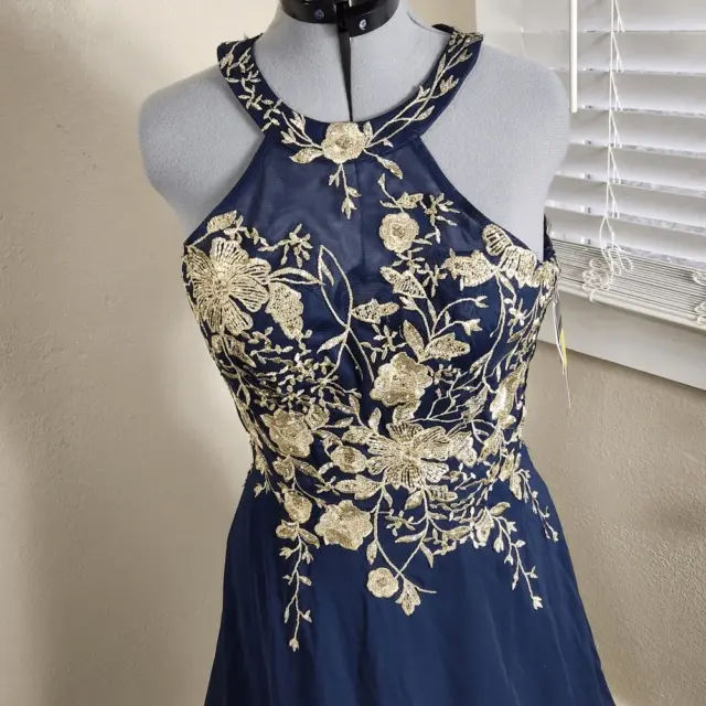 Betsy & Adam Embellished Chiffon Illusion Halter Gown Navy Gold Floral Size 8 2