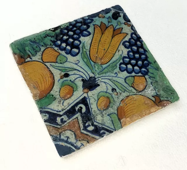 Antike Fliese Kachel: Delft Dutch Tile, Granatäpfel und Blumen