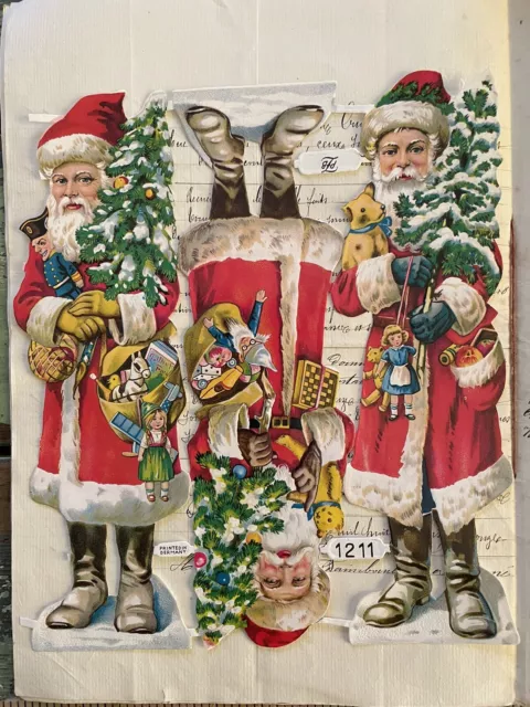 3 Santas Christmas Vintage German Diecut Victorian Scrap