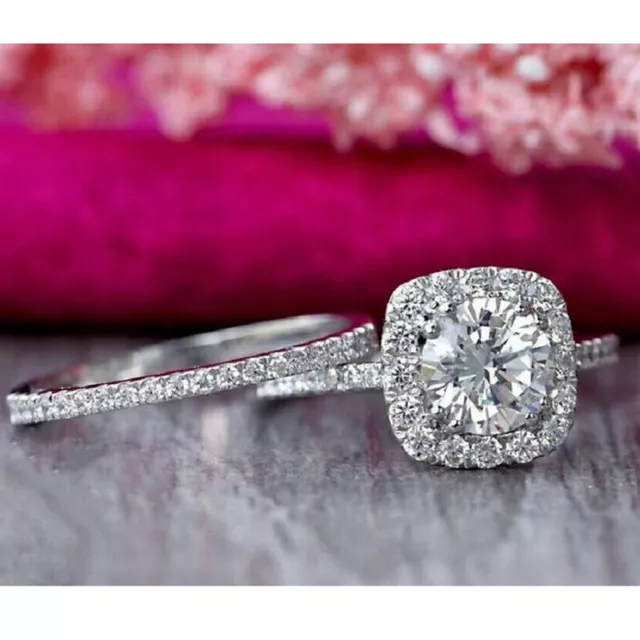 2.60CT Moissanite Rond 14K Plaqué Or Halo Fiançailles & Mariage Anneau Bague Set