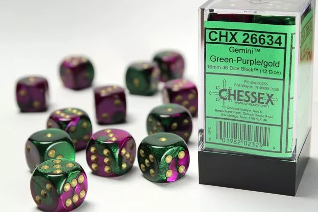 Chessex Gemini Verde/Viola Con Oro 12 Dadi Set - 6 Laterale 16mm d6 Dadi Blocco